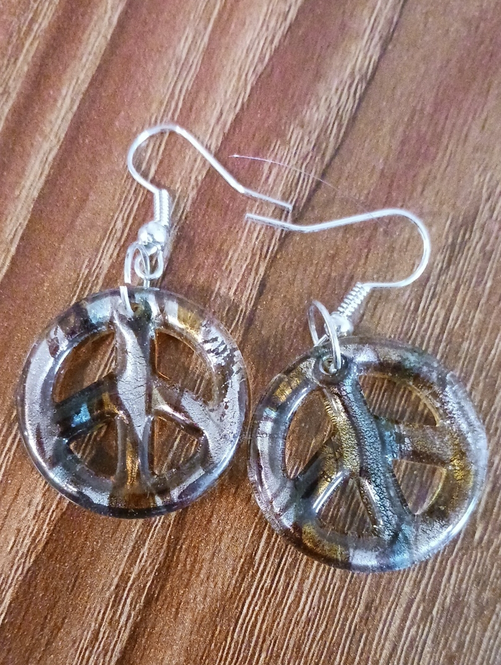 Peace Sign Drop Earrings Metalic Brown and Gold Tones